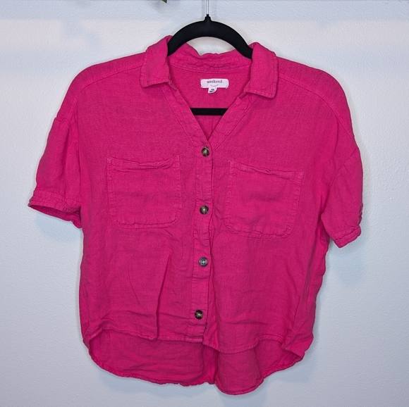 XS Weekend Pink High-Low Cropped Short Sleeve Top - Picture 1 of 3